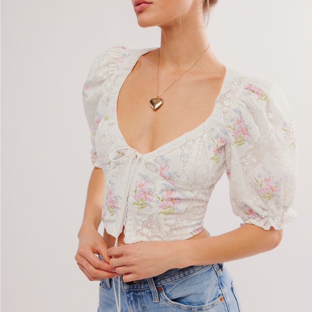 For Love And Lemons White Puff Sleeve Crop Blouse